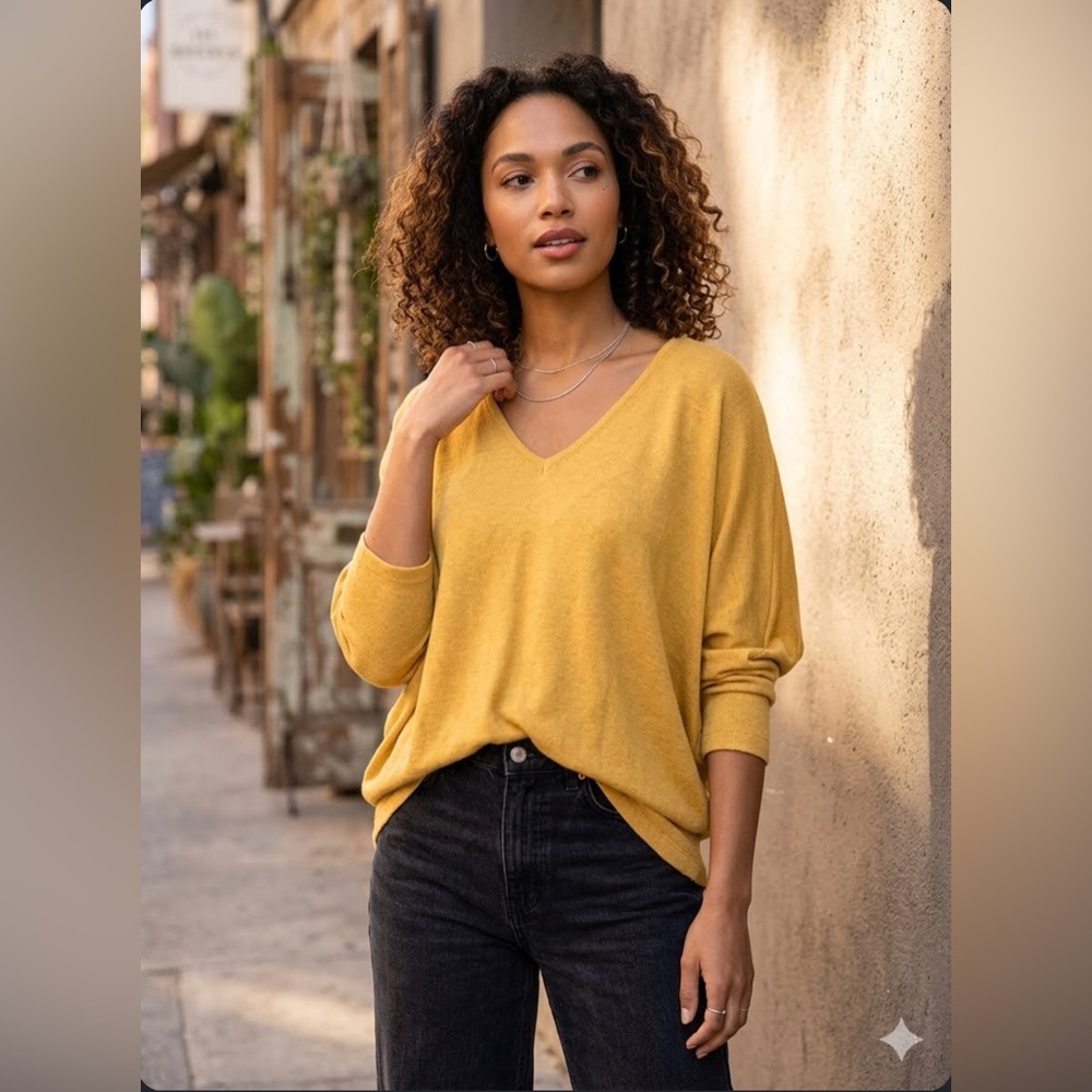 Streetwear society | yellow v-neck oversized bat-wing 3/4 sleeve knit